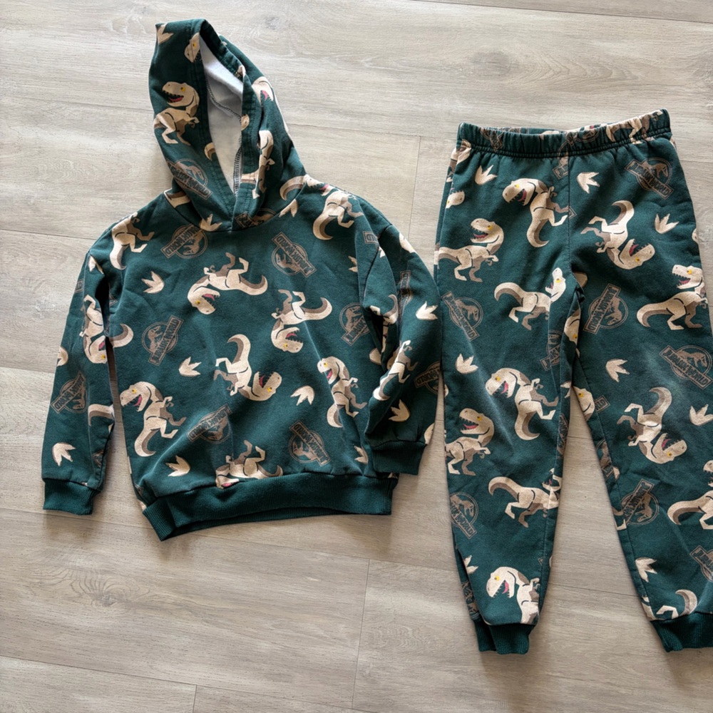 Green Hoodie and Jogger Set with Dinosaur Print